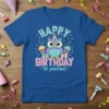 Happy Birthday To youhou! text with a cute owl wearing a party hat, holding cupcakes, on a royal blue t-shirt