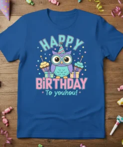 Happy Birthday To youhou! text with a cute owl wearing a party hat, holding cupcakes, on a royal blue t-shirt