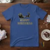 Happy Birthmas T-Shirt with Santa's sleigh and reindeer graphic, gold text, blue shirt