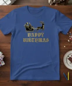 Happy Birthmas T-Shirt with Santa's sleigh and reindeer graphic, gold text, blue shirt