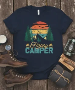 Happy Camper t-shirt with retro sunset, pine trees, mountains, and birds graphic
