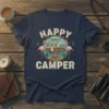 Happy Camper t-shirt design featuring a vintage camper, flamingos, and a campfire illustration