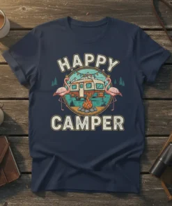 Happy Camper t-shirt design featuring a vintage camper, flamingos, and a campfire illustration