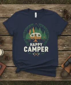 Happy Camper t-shirt design featuring a vintage camper, campfire, trees, and axes, with "Happy Camper" text