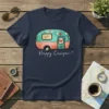 Happy Camper t-shirt design featuring a cute vintage camper with festive bunting and the text "Happy Camper"