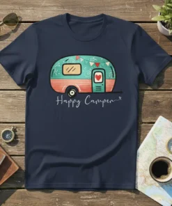 Happy Camper t-shirt design featuring a cute vintage camper with festive bunting and the text "Happy Camper"