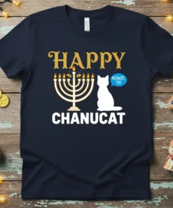 Happy Chanucat Meowzel Toy T-Shirt with a white cat and a menorah design