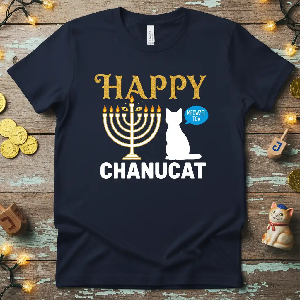 Happy Chanucat Meowzel Toy T-shirt design featuring a white cat and a menorah with festive lights