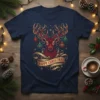 Navy blue t-shirt with "Happy Christmas" text and a decorative red reindeer with antlers holding ornaments