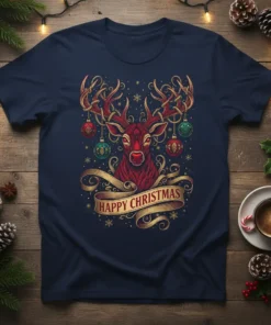 Navy blue t-shirt with "Happy Christmas" text and a decorative red reindeer with antlers holding ornaments