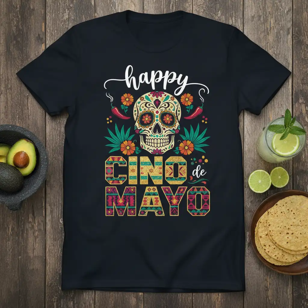 Happy Cinco de Mayo Skull unique artwork printed on breathable fabric creating a standout t-shirt