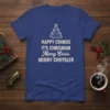 Happy Crimus It's Chrismun Merry Crisis Merry Chrysler funny Christmas t-shirt design with a festive tree graphic
