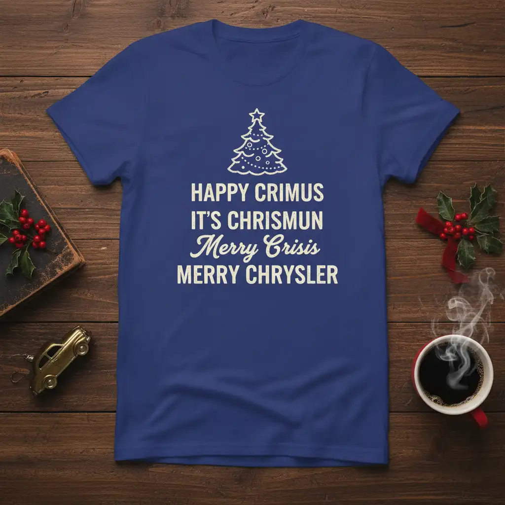 Happy Crimus It's Chrismun Merry Crisis Merry Chrysler funny holiday quote on a blue t-shirt with a Christmas tree graphic