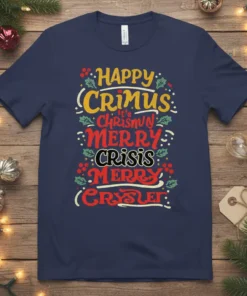 Happy Crimus It's Chrismun Merry Crisis Merry Cryslei funny Christmas t-shirt design with colorful typography and festive accents