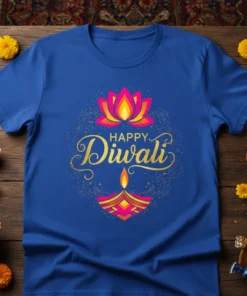 Happy Diwali text with lotus and diya graphic on a blue t-shirt