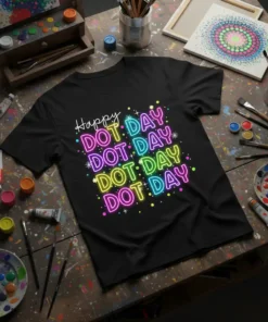 Black t-shirt with "Happy DOT DAY DOT DAY DOT DAY DOT DAY DOT DAY" text in neon-like colors and scattered
