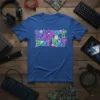 Happy Dot Day text in retro neon style with colorful dots and flowers, printed on a royal blue t-shirt