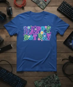 Happy Dot Day text in retro neon style with colorful dots and flowers, printed on a royal blue t-shirt
