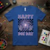 Happy Dot Day text with peace signs and colorful swirl graphic on a blue t-shirt