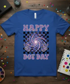 Happy Dot Day text with peace signs and colorful swirl graphic on a blue t-shirt