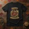 Happy Drinksgiving text with a cartoon turkey holding a beer mug, Thanksgiving theme