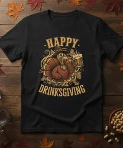 Happy Drinksgiving text with a cartoon turkey holding a beer mug, Thanksgiving theme