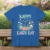 Happy Earth Day text with floral heart design on a blue t-shirt, perfect for eco-conscious individuals