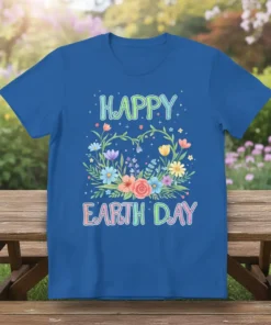 Happy Earth Day text with floral heart design on a blue t-shirt, perfect for eco-conscious individuals