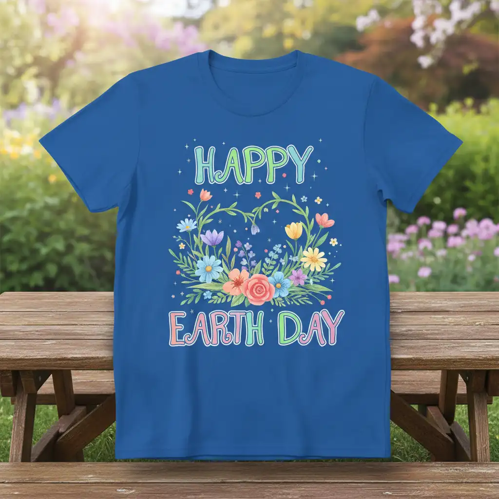 Happy Earth Day text with blooming floral heart graphic on a blue t-shirt