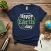 Navy t-shirt with "Happy Earth day" text, a heart, and recycling symbols in green and white