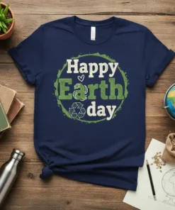 Navy t-shirt with "Happy Earth day" text, a heart, and recycling symbols in green and white