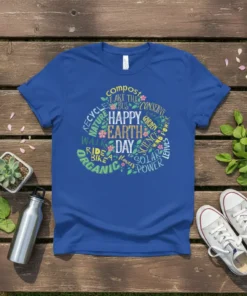 Happy Earth Day t-shirt with a circular word cloud design in green, blue, and yellow text, featuring words like compost