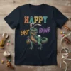 Happy East Rawr text with a T-Rex dinosaur wearing bunny ears and holding an Easter basket, on a dark t-shirt
