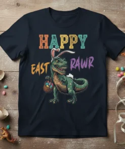 Happy East Rawr text with a T-Rex dinosaur wearing bunny ears and holding an Easter basket, on a dark t-shirt