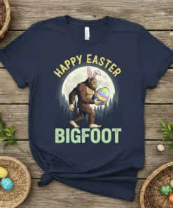 Happy Easter Bigfoot t-shirt design with Bigfoot wearing bunny ears and holding an Easter egg, set against a moonlit forest