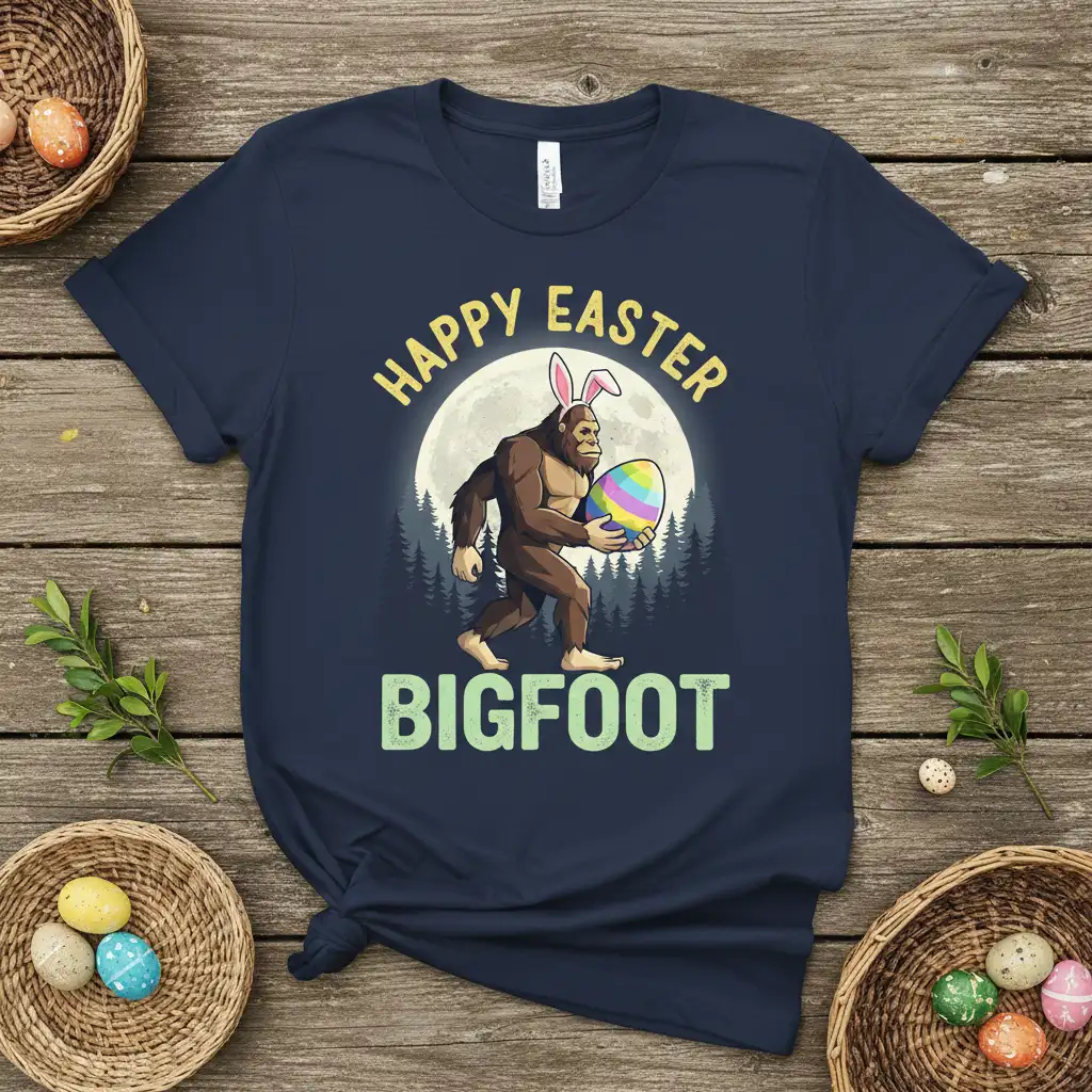 Happy Easter Bigfoot t-shirt design featuring Bigfoot with bunny ears and an Easter egg, set against a moonlit forest scene