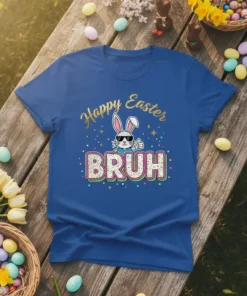Happy Easter BRUH t-shirt with a cool bunny wearing sunglasses giving a thumbs up, surrounded by sprinkles and stars