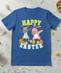 Happy Easter t-shirt design with two dabbing bunnies and colorful Easter eggs, bright yellow text