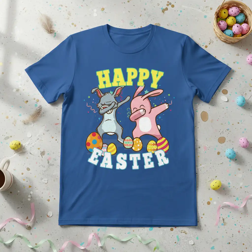 Happy Easter t-shirt featuring two dabbing bunnies and colorful Easter eggs with festive confetti