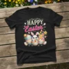 Happy Easter text with a cute bunny, decorated eggs, and flowers on a black t-shirt