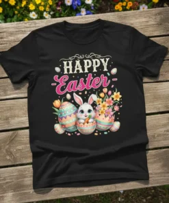 Happy Easter text with a cute bunny, decorated eggs, and flowers on a black t-shirt