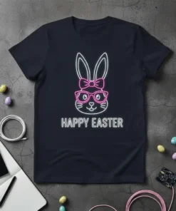 Happy Easter text with a neon bunny graphic wearing glasses and a bow on a t-shirt