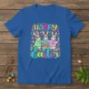 Happy Easter text with three cute bunnies holding an Easter egg basket on a royal blue t-shirt