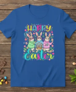 Happy Easter text with three cute bunnies holding an Easter egg basket on a royal blue t-shirt
