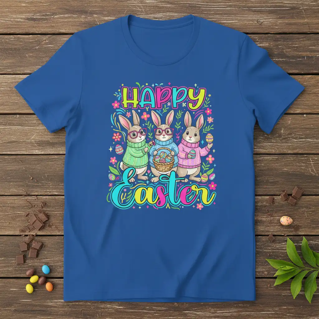Happy Easter text with cute bunnies holding an Easter egg basket on a blue t-shirt