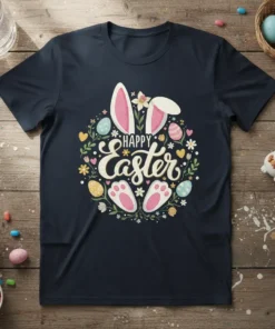 Happy Easter text with bunny ears, paws, and floral Easter egg design on a dark t-shirt
