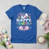 Happy Easter text with bunny ears, paws, flowers, and eggs on a blue t-shirt