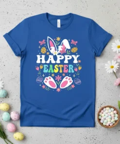 Happy Easter text with bunny ears, paws, flowers, and eggs on a blue t-shirt