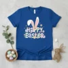 Happy Easter text with bunny ears, pastel plaid letters, and cute chick graphic on a blue t-shirt