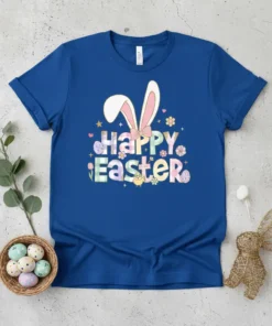 Happy Easter text with bunny ears, pastel plaid letters, and cute chick graphic on a blue t-shirt